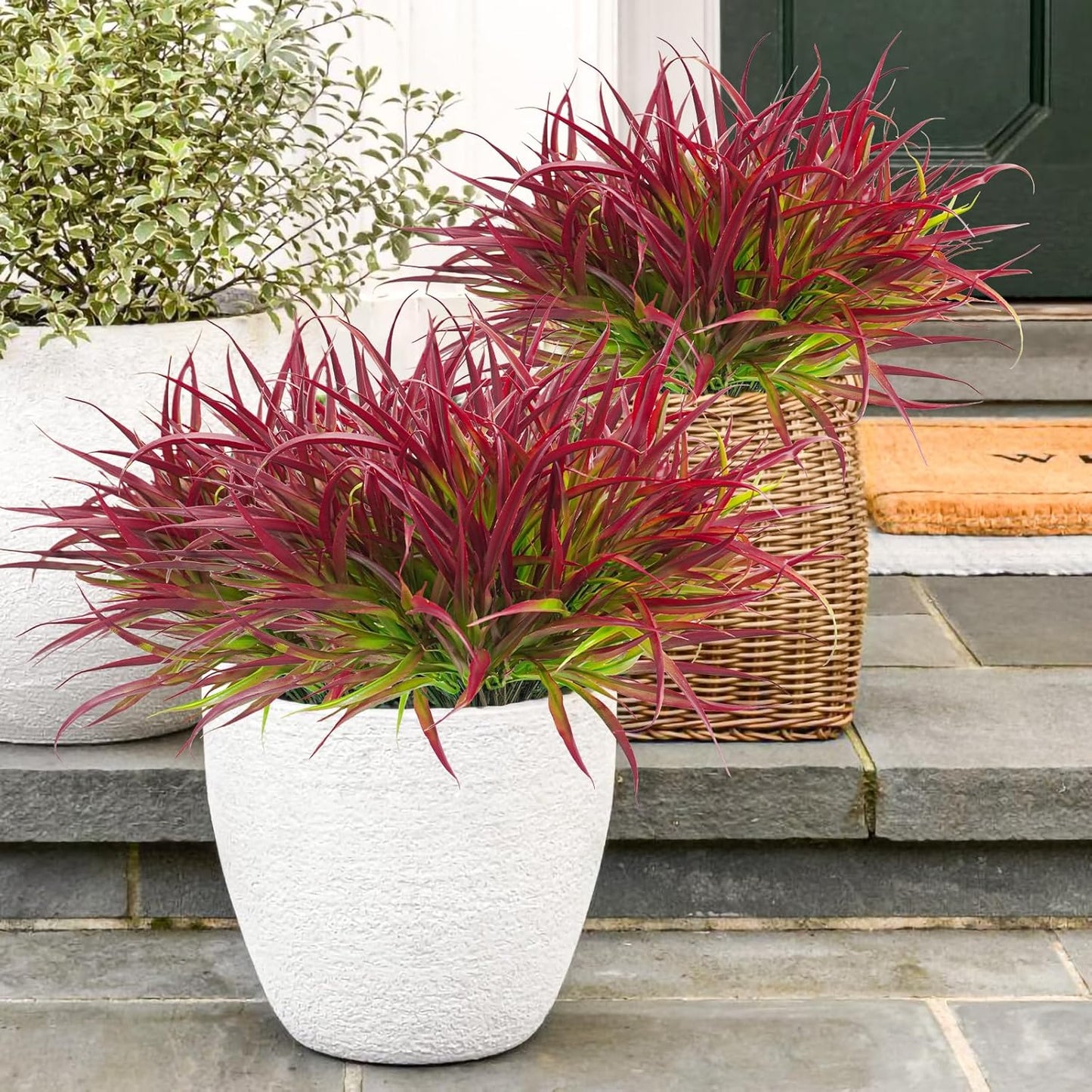 Uieke 12 Bundles Artificial Outdoor Plants UV Resistant Fake Grass Plants Faux Plastic Plants Greenery Shrubs for Home Garden Pathway Window Box Front Porch Spring Summer Decor, Deep Red