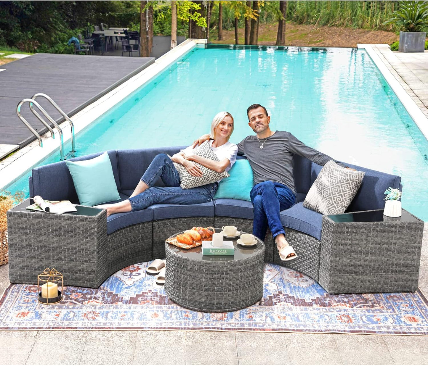 SUNSITT Outdoor Patio Furniture Sectional 7-Piece Half-Moon Curved Outdoor Sofa Set with Round Coffee Table, 4 Pillows & Waterproof Cover, Grey Rattan & Denim Blue Cushion