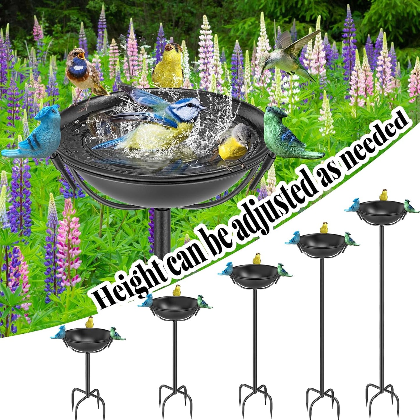 Outdoor 55In Metal Bird Bath for Outside, Cast Iron Tall Birdfeeder Birdbaths Bowl with 3 Resin Bird Statue Decorative, Bird Feeders for Outdoor Yard Lawn Patio Decor Black