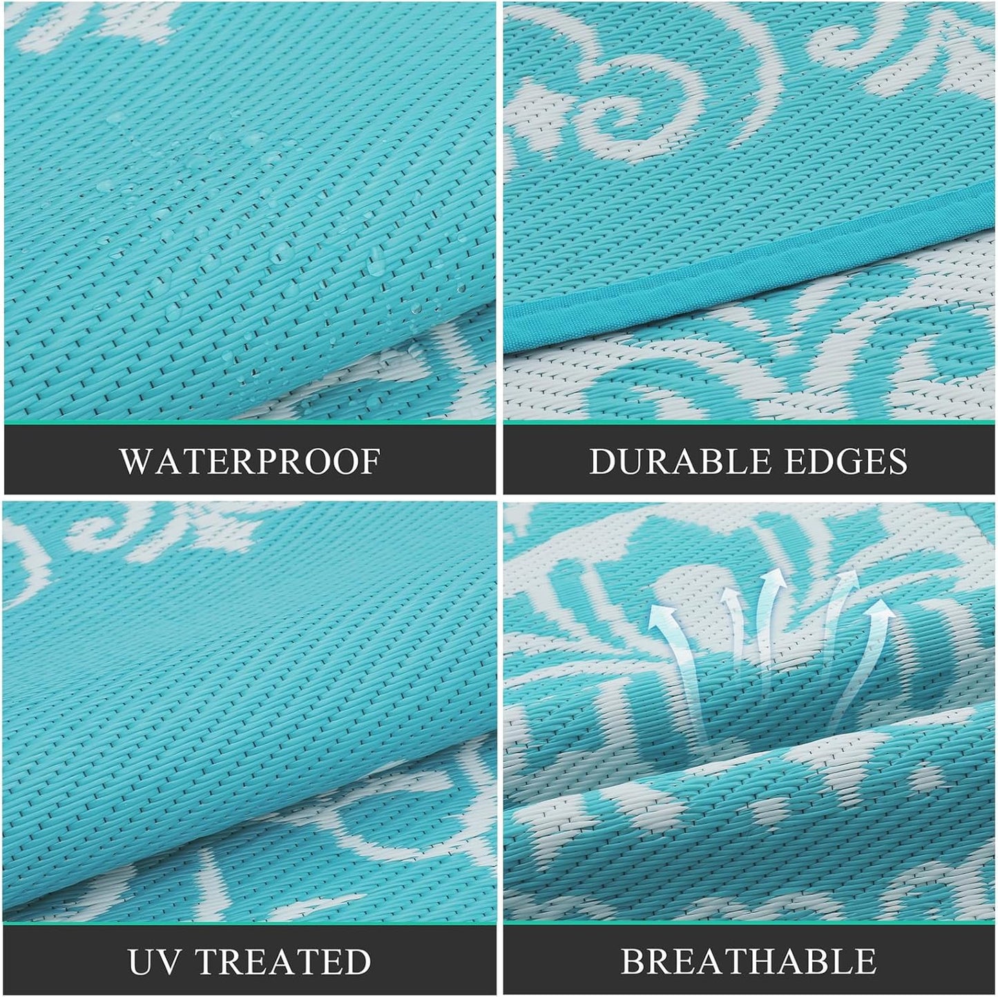 Pauwer Waterproof Outdoor Rug 8x10, Reversible Plastic Straw Patio Camping Rug, Indoor Outdoor RV Mat Carpet for Deck, Camper, Porch, Balcony, Backyard, Picnic, Floral Teal