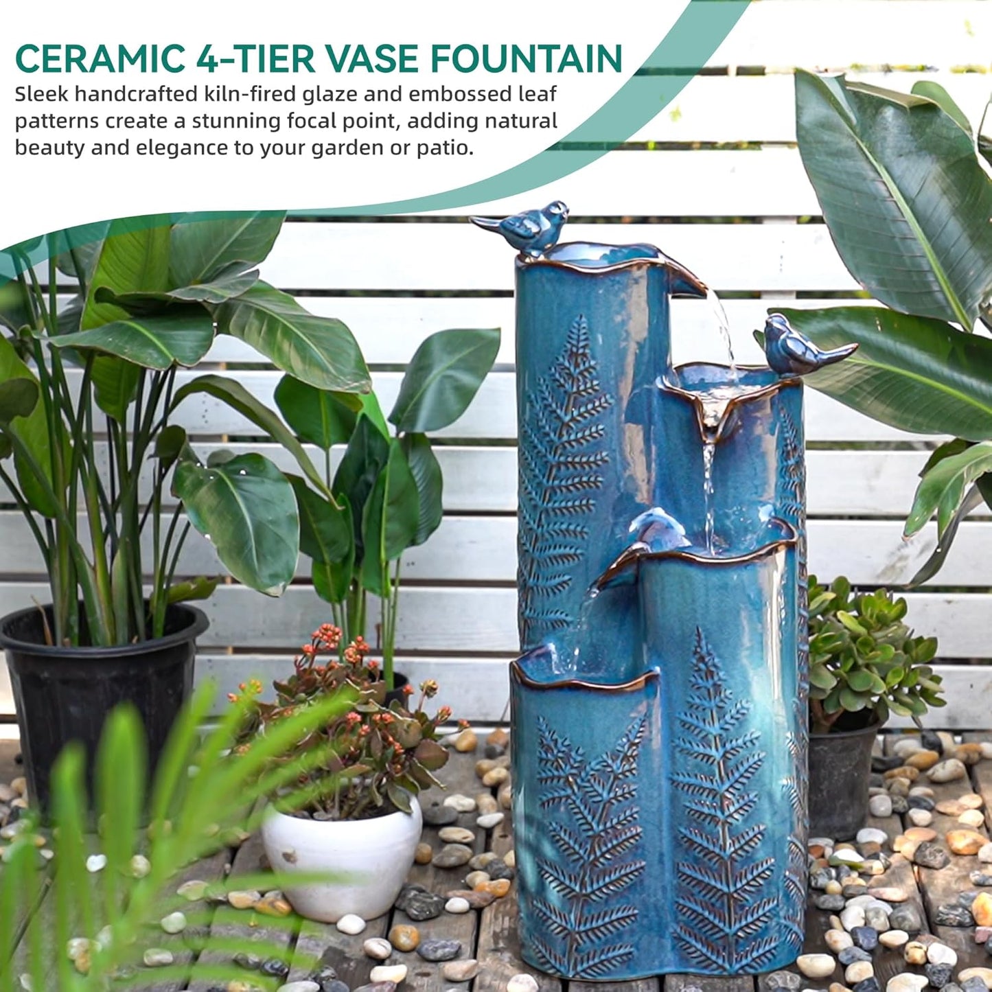 32 Outdoor Water Fountain, Unique Vase Ceramic Fountain withs Lights, 4-Tier Waterfalls with Birds, Tranquil Oasis for Garden Patio Yard Deck Balcony Decor, Tropical Fern, AquavTurquoise