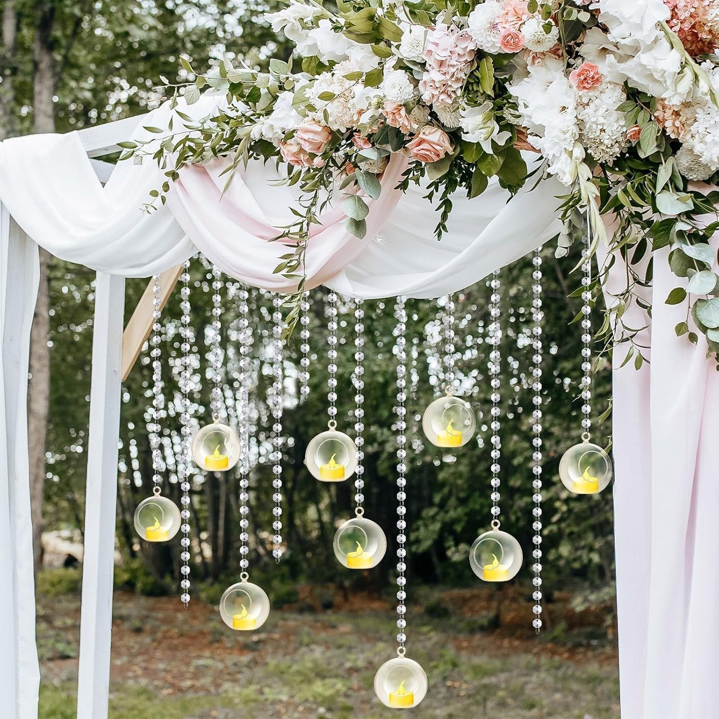 Booson 100 Pcs Hanging Candle Holder Glass Globes Orbs with Crystal Acrylic Gems Bead Garland Tea Lights Candles Holder for Wedding Party Tree Decor