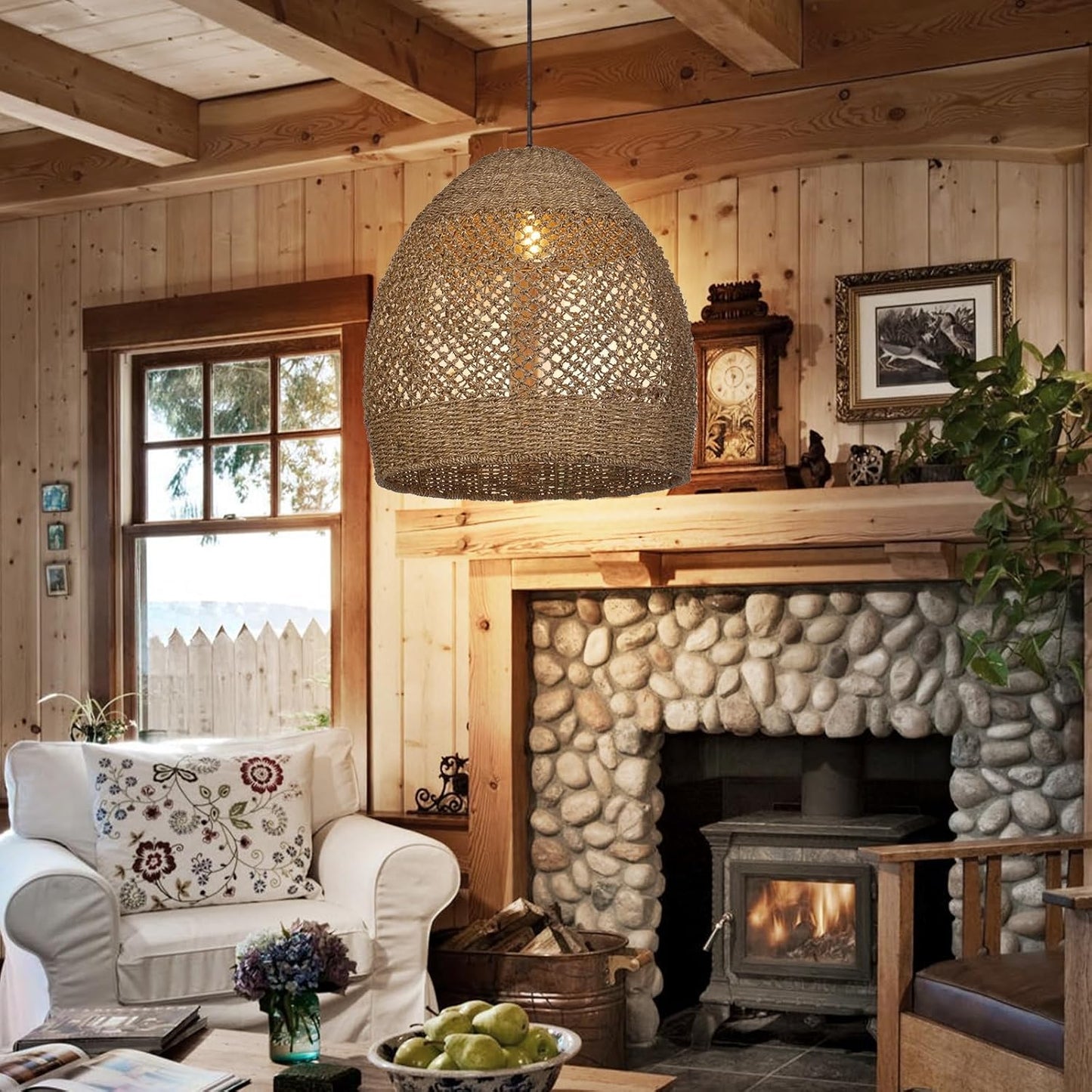 Arturesthome 19.6" Retro Rattan Woven Pendant Light Fixture, Chandelier with Lamp Shade Light Cover, Hanging Lighting for Kitchen Dining Room Foyer