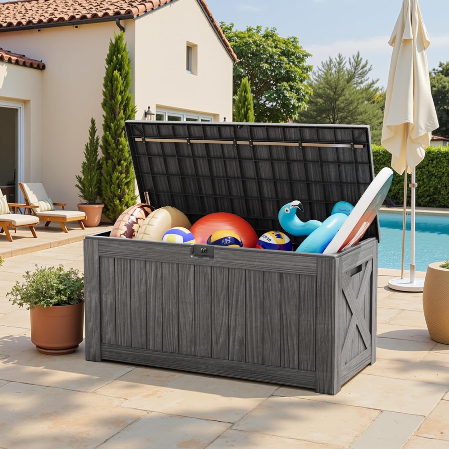 Greesum 120 Gallon Outdoor Storage Box with Lock - Large Resin Deck Box, Reinforced Lid for Garden, Patio, Lawn, Gray