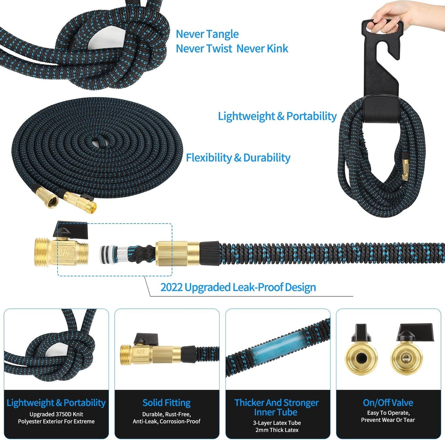 75 ft Expandable Garden Hose with 10 Function Nozzle Sprayer, Lightweight Flexible Water Hose with Durable Collapsible Latex Core & Solid Brass Fittings, 75ft Retractable Stretch Hose(Black Blue)