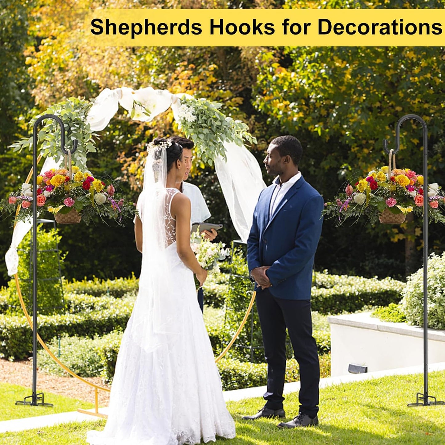 78 Inch Extra Tall Shepherd Hooks for Outdoors, Heavy Duty Metal Garden Hooks for Hanging Plants, Bird Feeders, Lanterns – Rust-Proof Steel with 5 Fork Base, Black