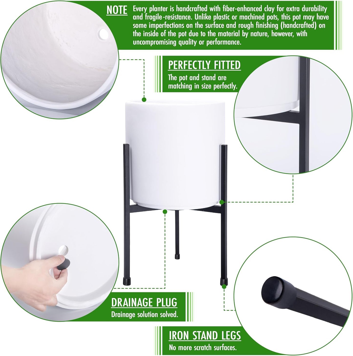 D'vine Dev Modern White Plants Pot Cylinder Planter with Heavy Duty Stand, Small 8 Inch Pot, 15 Inch with Stand Height, 96-T-A-1