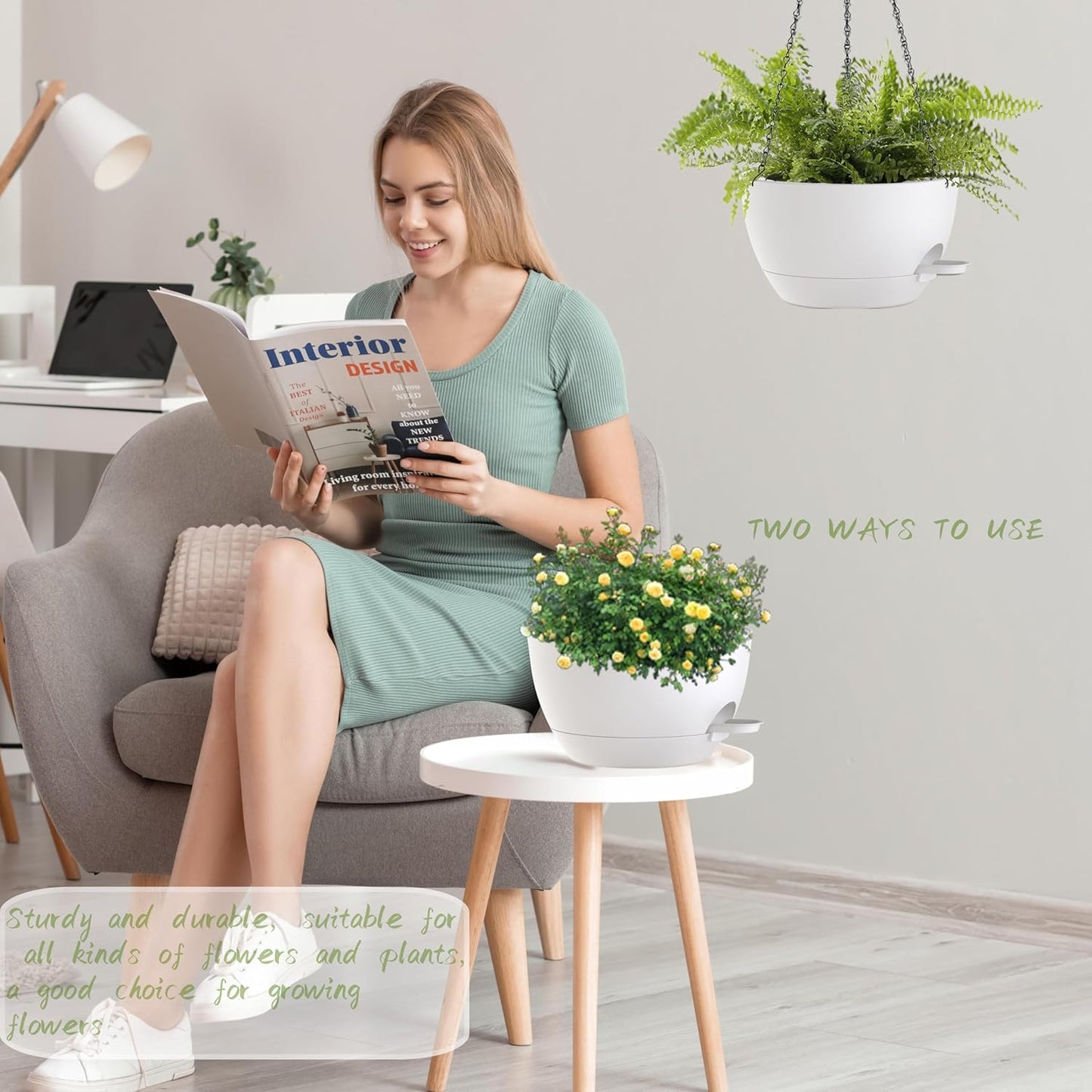 12 Inch Hanging Baskets 2 PC with Chains, Self-Watering Hanging Planters for Indoor Outdoor Plants, Plastic Hanging Flower Pots,White