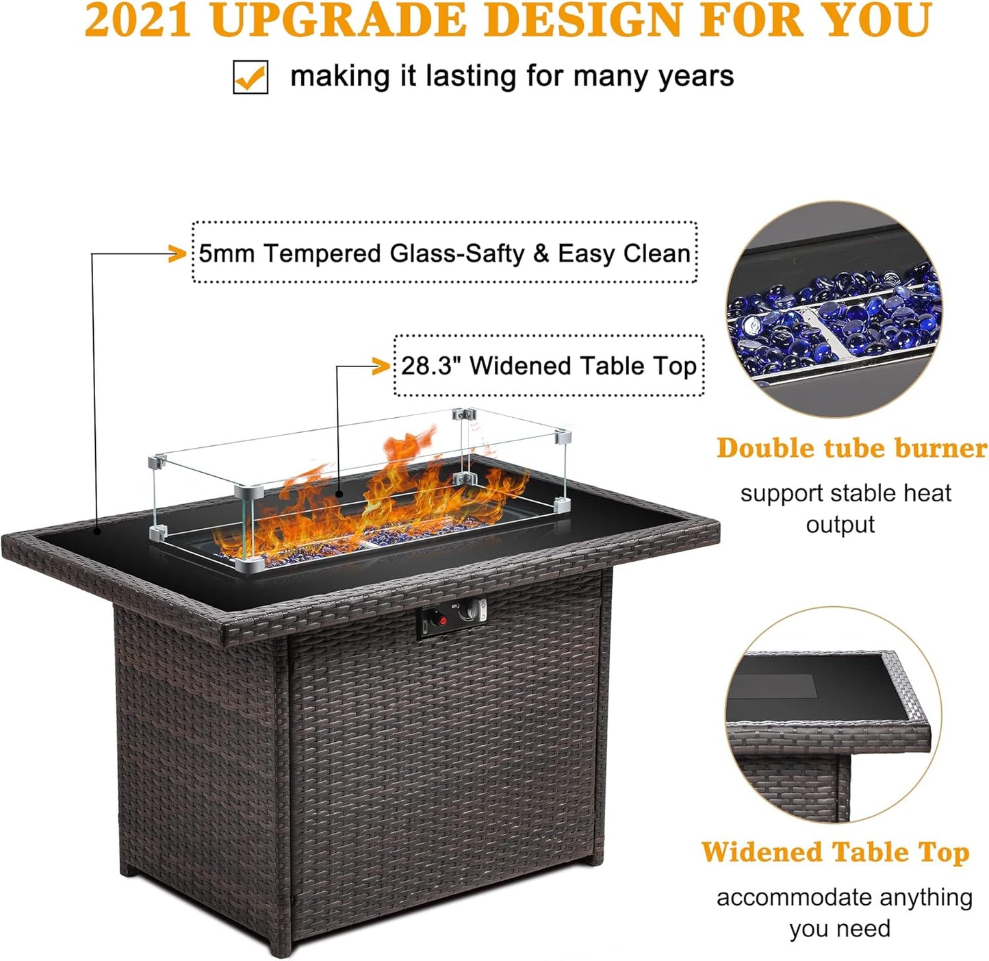 LayinSun 44" Propane Gas Fire Pit Table, 55000 BTU Rectangular Fire Pit with Glass Wind Guard for Outside Patio Deck Garden Backyard