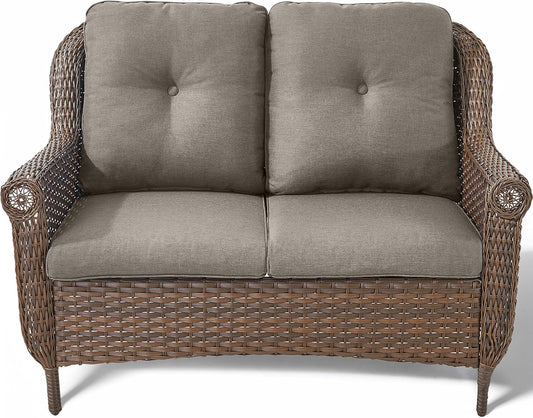 Patio Loveseat Outdoor Wicker Sofa - Heavy Duty All-Weather Brown Rattan 2-Person Sofas with High Back and Comfortable Thick Cushions for Garden Back Porch Poolside Apartment - Grey