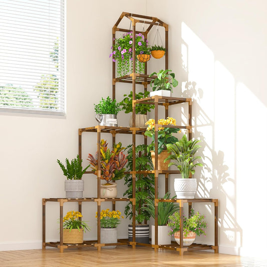 EnHomee 64.2" H Plant Stand Indoor Outdoor Tall Plant Shelf for 13-19 Pots Corner Tiered Plant Stands for Multiple Plants Wood Hanging Plants Holder for Garden Balcony Patio Window Porch