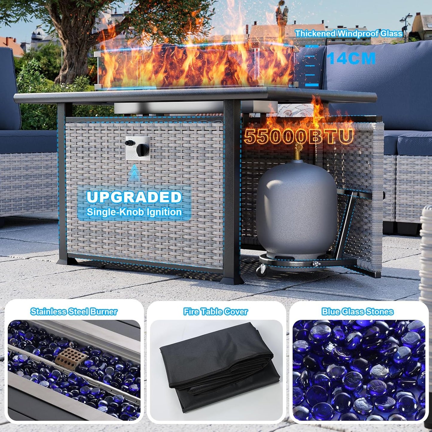 13-Piece Patio Furniture Set, Outdoor Patio Furniture with Swivel Chairs Set, Ottomans, 55,000 BTU Fire Pit Table, Modular Patio Sofa, Dual-Strand Wicker Rattan, Rust-Resistant Frame, Navy Blue