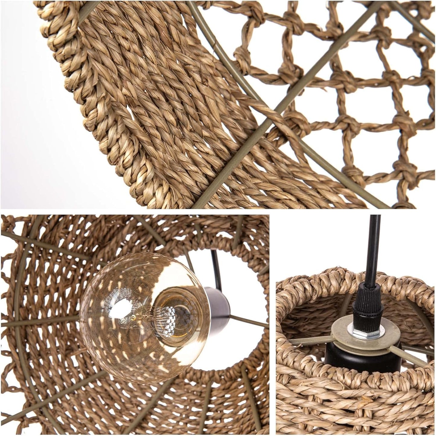 Arturesthome Rattan Woven Pendant Light for Kitchen Island, Hand-Woven Ceiling Chandelier, Handmade Natural Seaweed Hanging Lights Crafts Lampshade D 15.7in