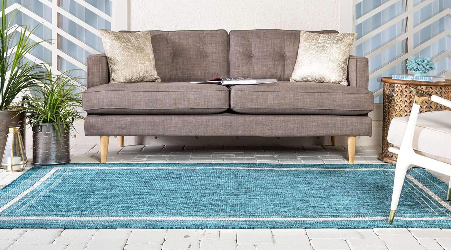 Unique Loom Outdoor Border Collection Area Rug - Soft Border (5' 1" x 8' Rectangle, Teal/ Ivory)