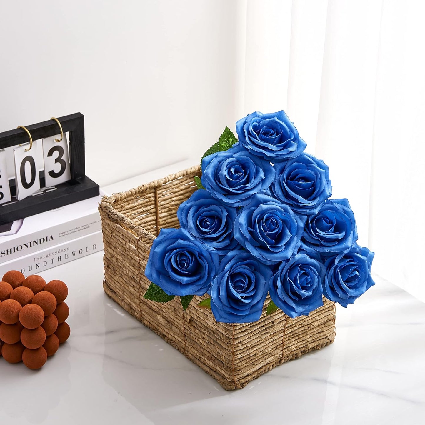 Artificial Rose 10pcs Open Flower Bouquet Faux Rose Stems for Wedding Arrangement, Bridal Bouquet, Centerpiece, Fake Faux Silk Flowers (Royal Blue)