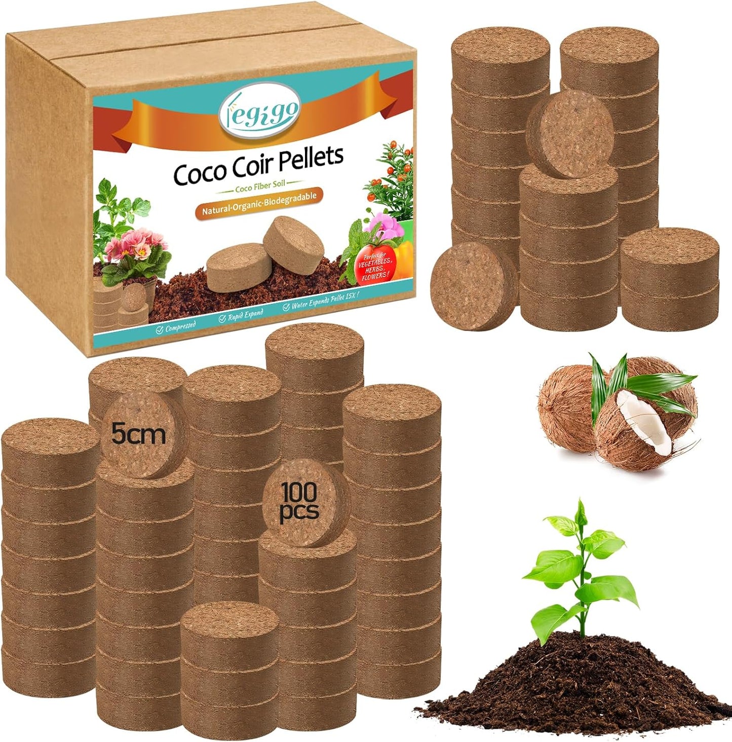 Legigo 100 Pcs 50mm Organic Coco Coir Pellets for Plants - Compressed Coconut Coir Potting Soil, Coco Fiber Pellets for Planting, Garden, Bonsai, Herbs, Flower & Vegetables