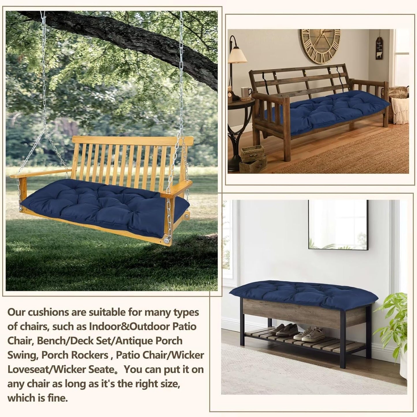 47.3 in Waterproof Indoor/Outdoor Garden Bench Seat Cushions，Thicken Patio Bench Soft Rocking Chairs Pad Lounger Seat for Wicker Loveseat Settee（47.3 X 19.6 in，Navy）