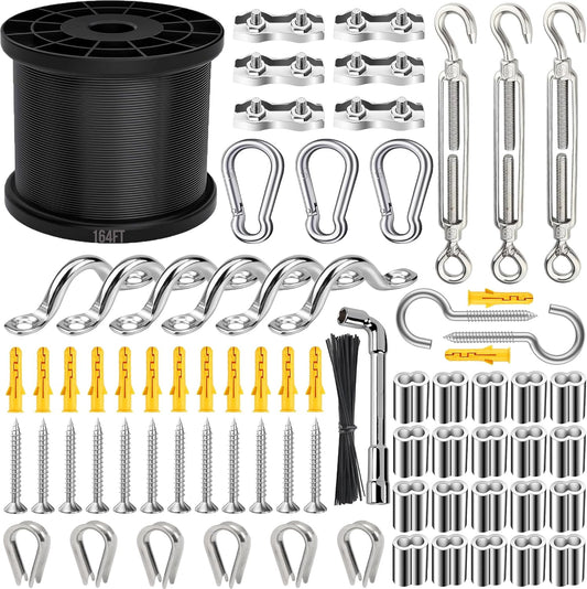 164FT Black Vinyl-Coated 304 Stainless Steel Cable – Heavy Duty String Lights Hanging Kit with Turnbuckle, Thimble & Hooks for Outdoor, Patio, Garden, Christmas Lights