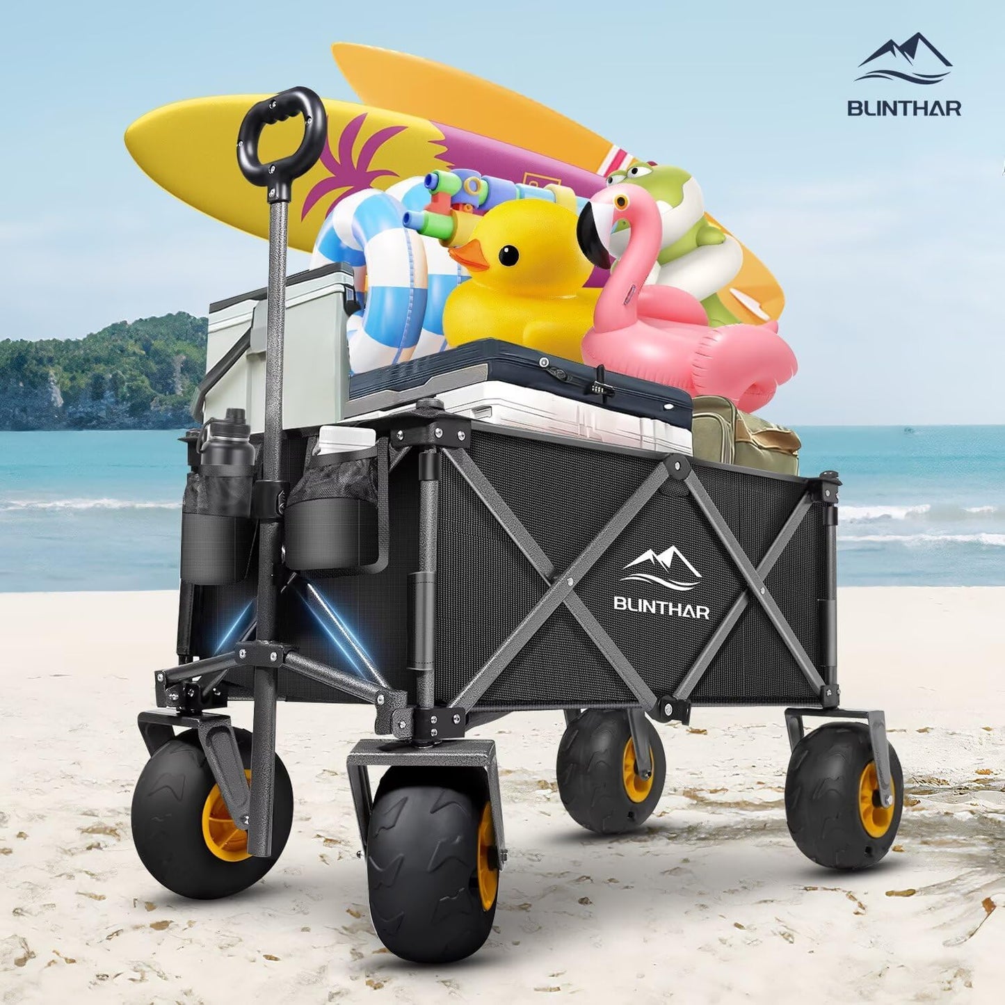 Beach Wagon with Big Wheels for Sand, Heavy Duty Collapsible Folding Wagon with All-Terrain 9" Pneumatic Tires & Drink Holders, Utility Wagon for Garden Sports Camping Outdoor Activities