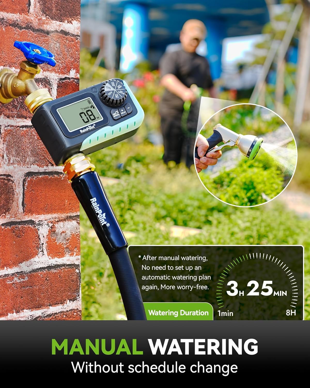 RAINPOINT Sprinkler Timer, 100% Metal Water Pipe Water Timer for Garden Hose, Programmable Hose Controller with Manual Watering/Rain Delay, Automatic Drip Irrigation System for Lawn, 1 Outlet
