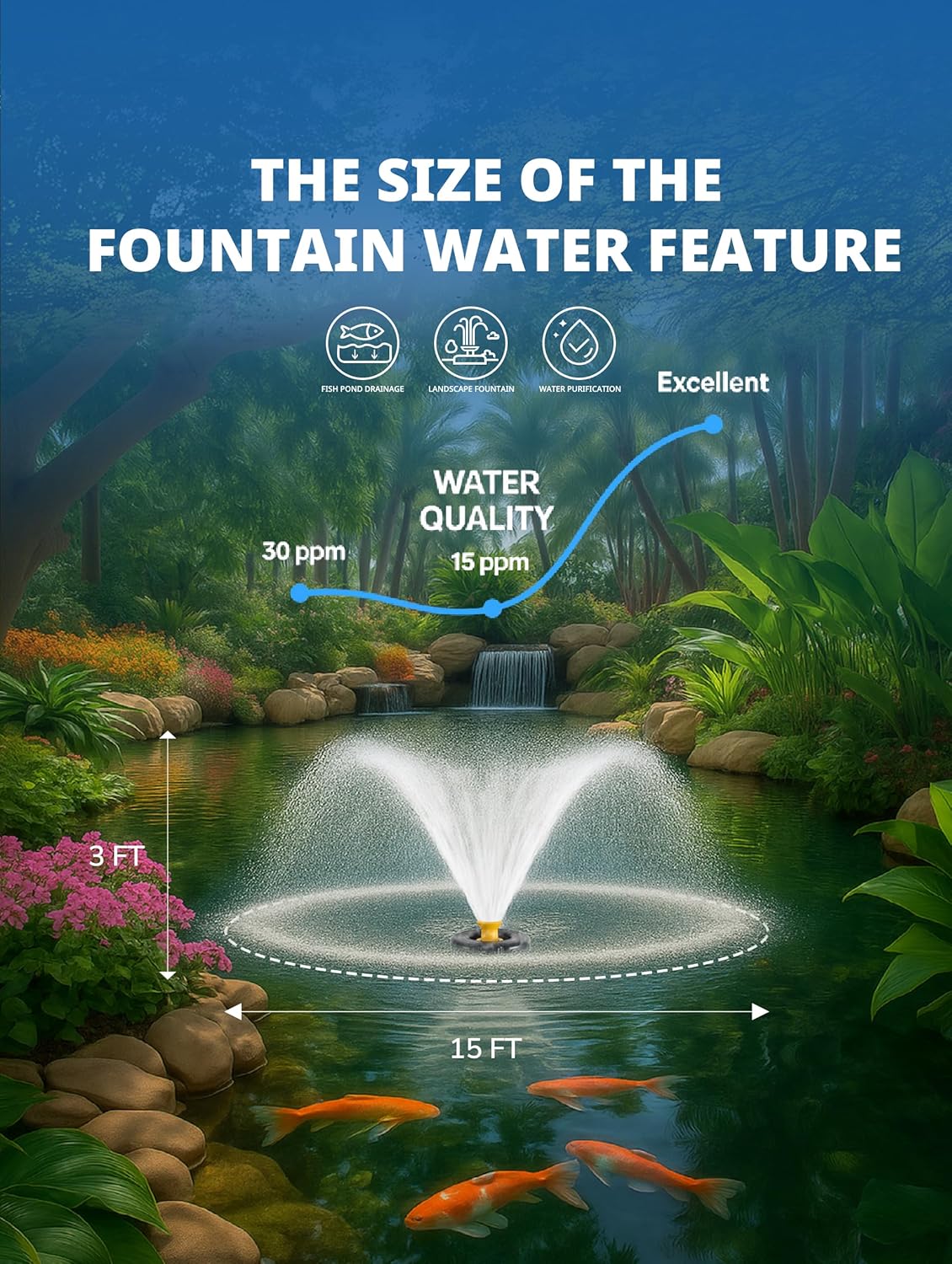 Pond Fountain Aerator Pump with Timer, 50ft Power Cord, 2 Spray Patterns, Energy-Efficient Water Circulation for Ponds & Lakes, Easy Installation