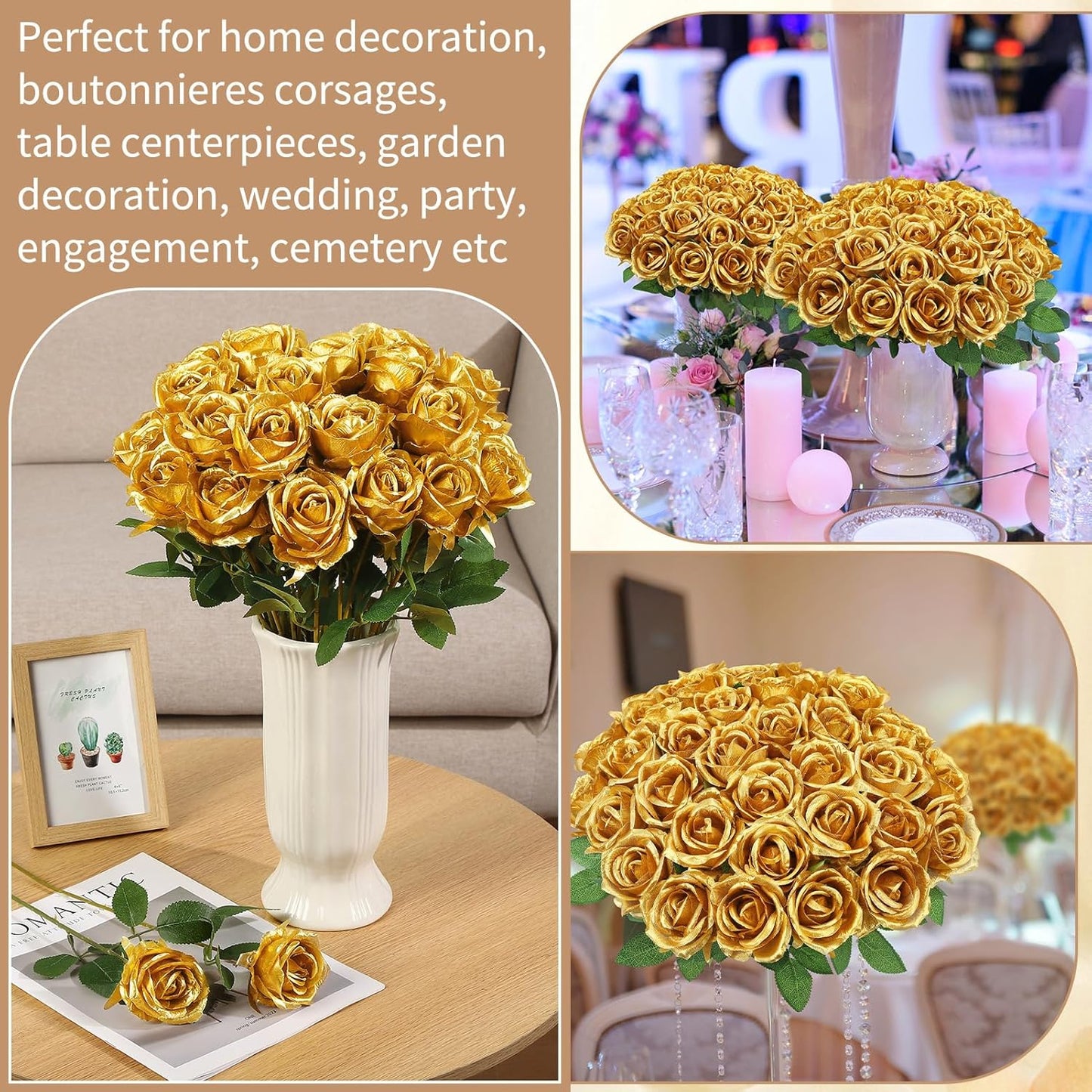 36 Pcs Gold Artificial Roses with Long Stems, Fake Silk Rose Artificial Flowers Bulk for Bridal Wedding Bouquet Centerpiece Ball Arrangement Party Decor
