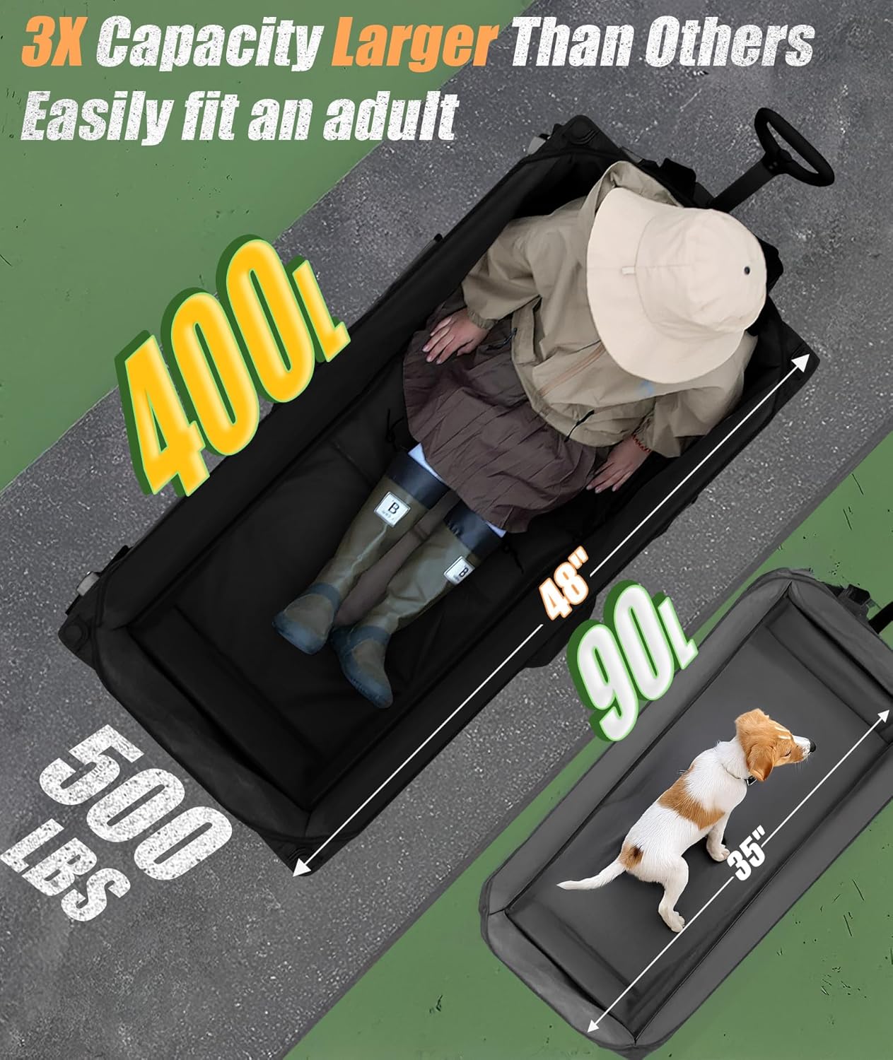 48”L Foldable Wagons Carts Extended, Collapsible Folding Wagon 500lbs Heavy Duty, 320L Large Beach Wagon, Utility Wagon with All Terrain Big Wheels for Sports, Camping, Grocery, Garden, Black