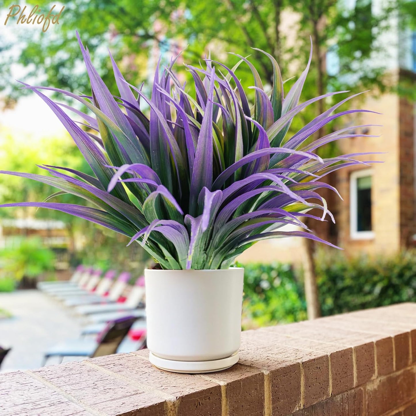 6Pcs Artificial Grass Fake Plants 17.3in Outdoor Plants UV Resistant Faux Greenery Stems Fake Grass for Home Window Garden Office Patio Pathway Front Porch Halloween Décor Green & Purple