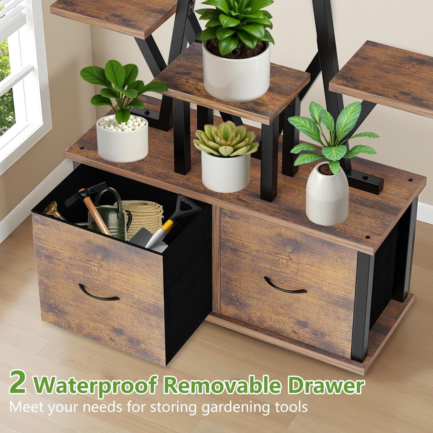 Plant Stand Indoor with Grow Lights - 10 Tiered Plant Shelf with 2 Removable Drawers, 65" Tall Plant Shelf with Grow Light Holds 13 Pot Plants, Christmas Tree Shaped Plant Stand for Home, Living Room