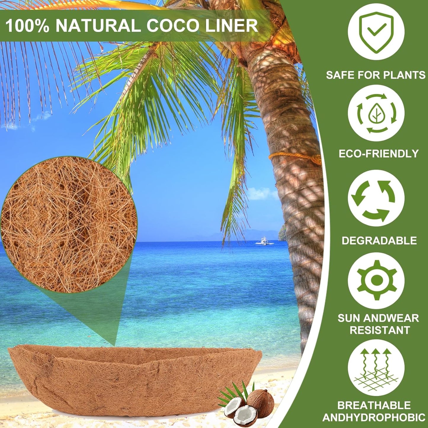 2 Pack 24 Inch Trough Coco Liner for Planters, Pre-Formed Coconut Coir Replacement Liner, Natural Coconut Fiber for Window Flower Box, Fence Flower Baskets, Garden Flower Pot