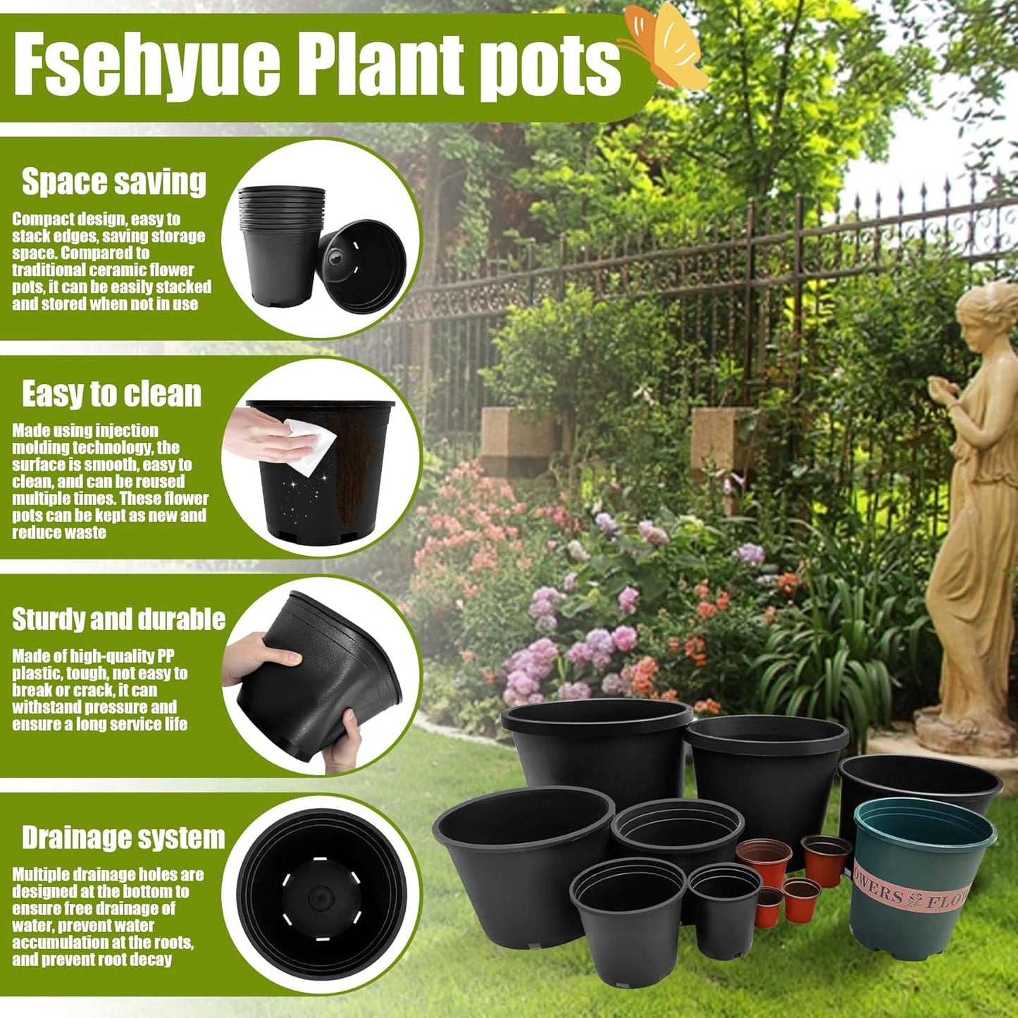 2 Gallon Nursery Pots Plastic Container Injection Molded Pot for Plants Flexible with Drainage Holes Suitable for Plants Soil Growers or Hydroponics Black 10 Pcs