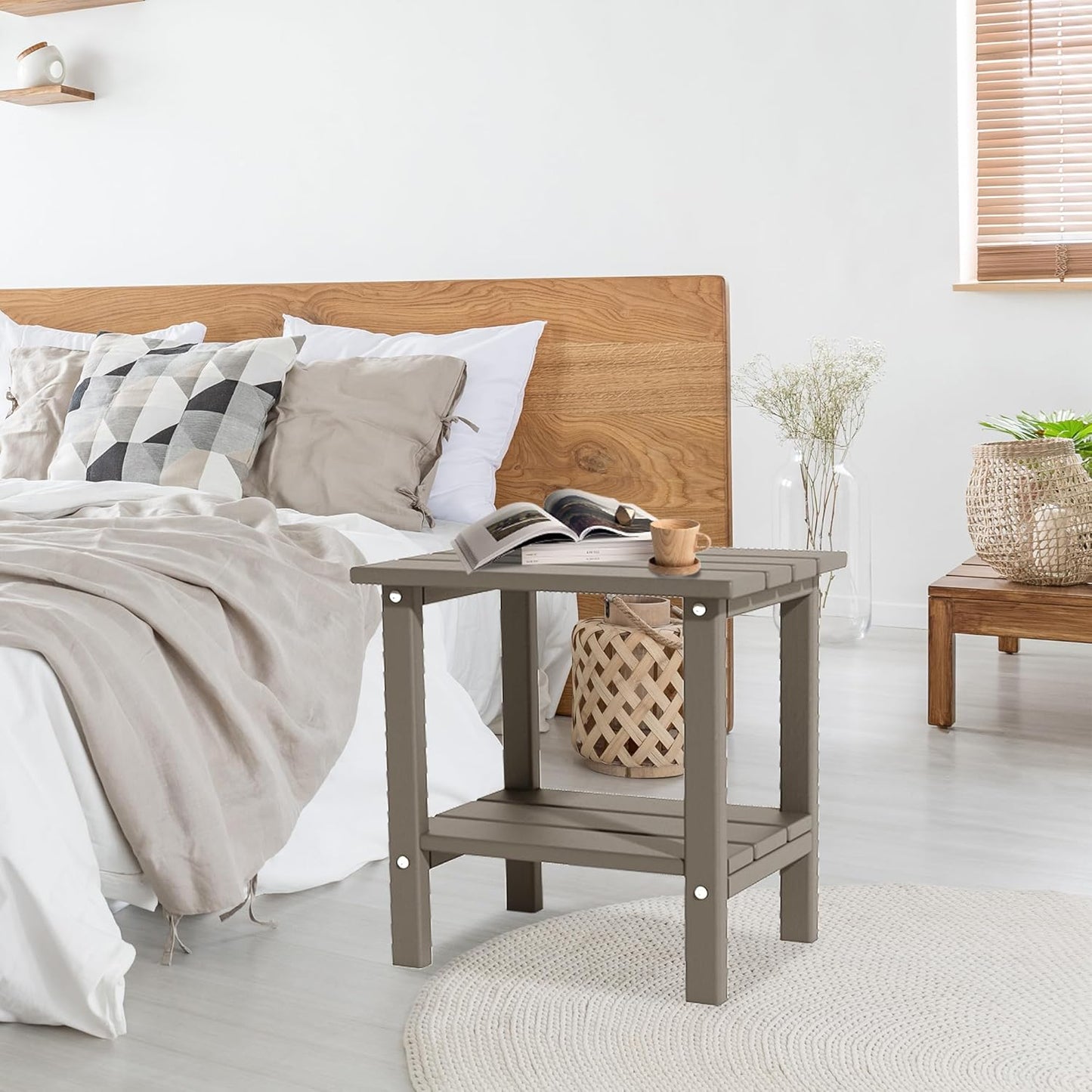 Outdoor Side Table, Weather Resistant HDPE Outdoor Table, 2-Tier Small Patio Tables for Outside or Indoor(Latte Brown)