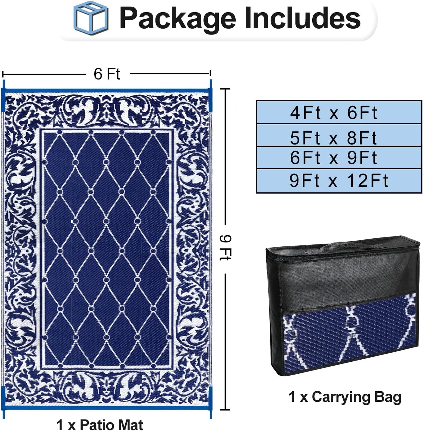 OutdoorLines Indoor Outdoor Rug for Patio 6x9 ft - Reversible Outside Carpet, Stain & UV Resistant Portable RV Mat, Plastic Straw Rug for Camping, Pool Deck, Porch Rhombus Navy & White