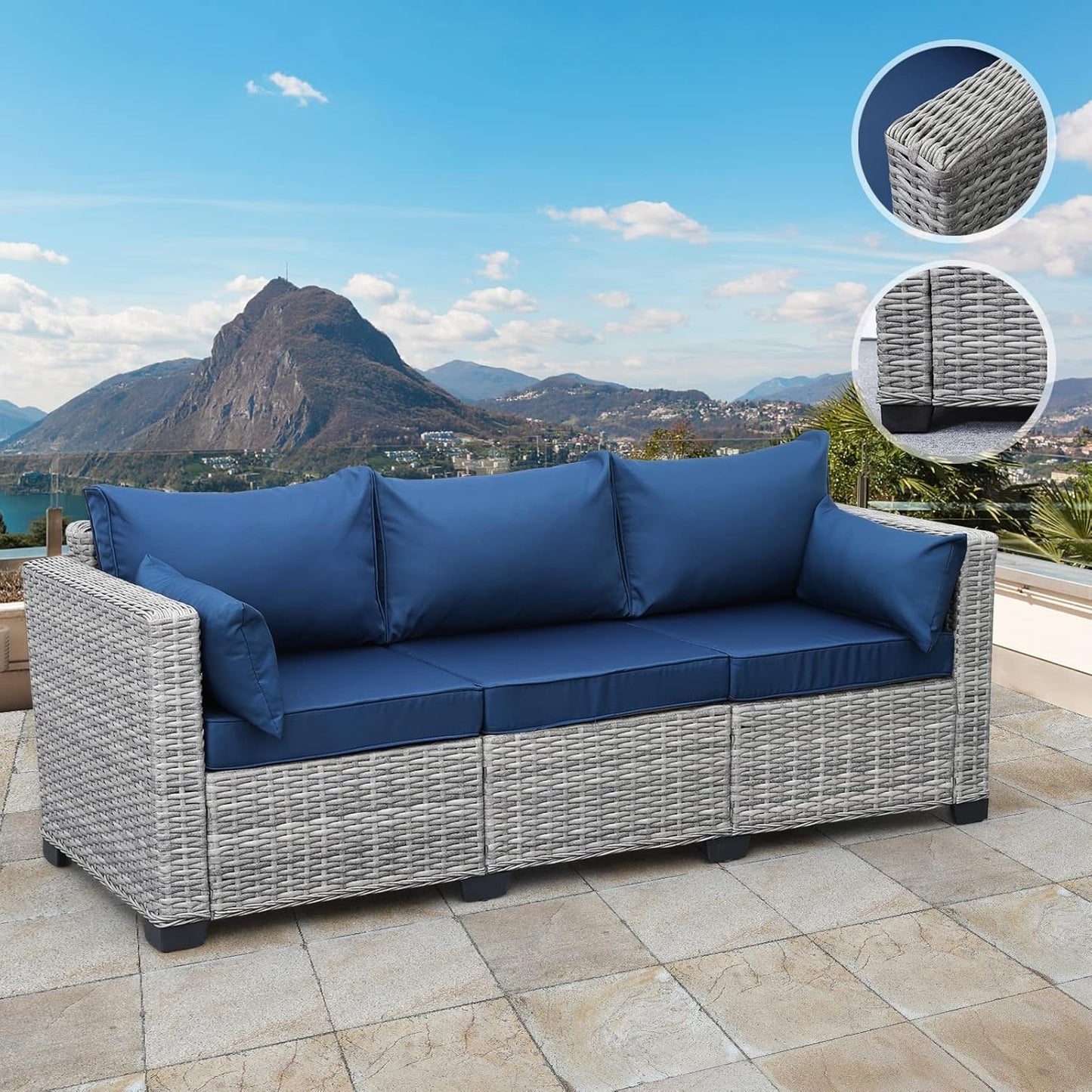 Rattaner Outdoor Furniture Outdoor Couch Grey Wicker Patio Furniture 3-seat Sofa Deep Seat Hight Backrest with Waterproof Cover and Anti-Slip Cushions, Navy Blue
