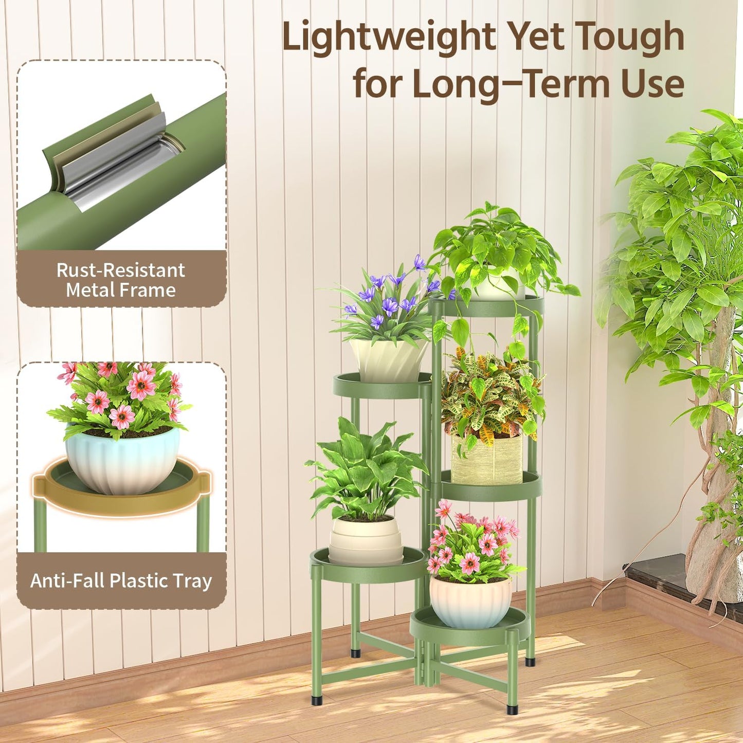 LASZOLA 5 Tiered Folding Plant Stand Indoor for Multiple Large Planter, Tall Heavy Duty Adjustable Rack with Rust Proof Plastic Shelving, Sturdy Vertical Tree Organizer for Narrow Inside Floor, Green