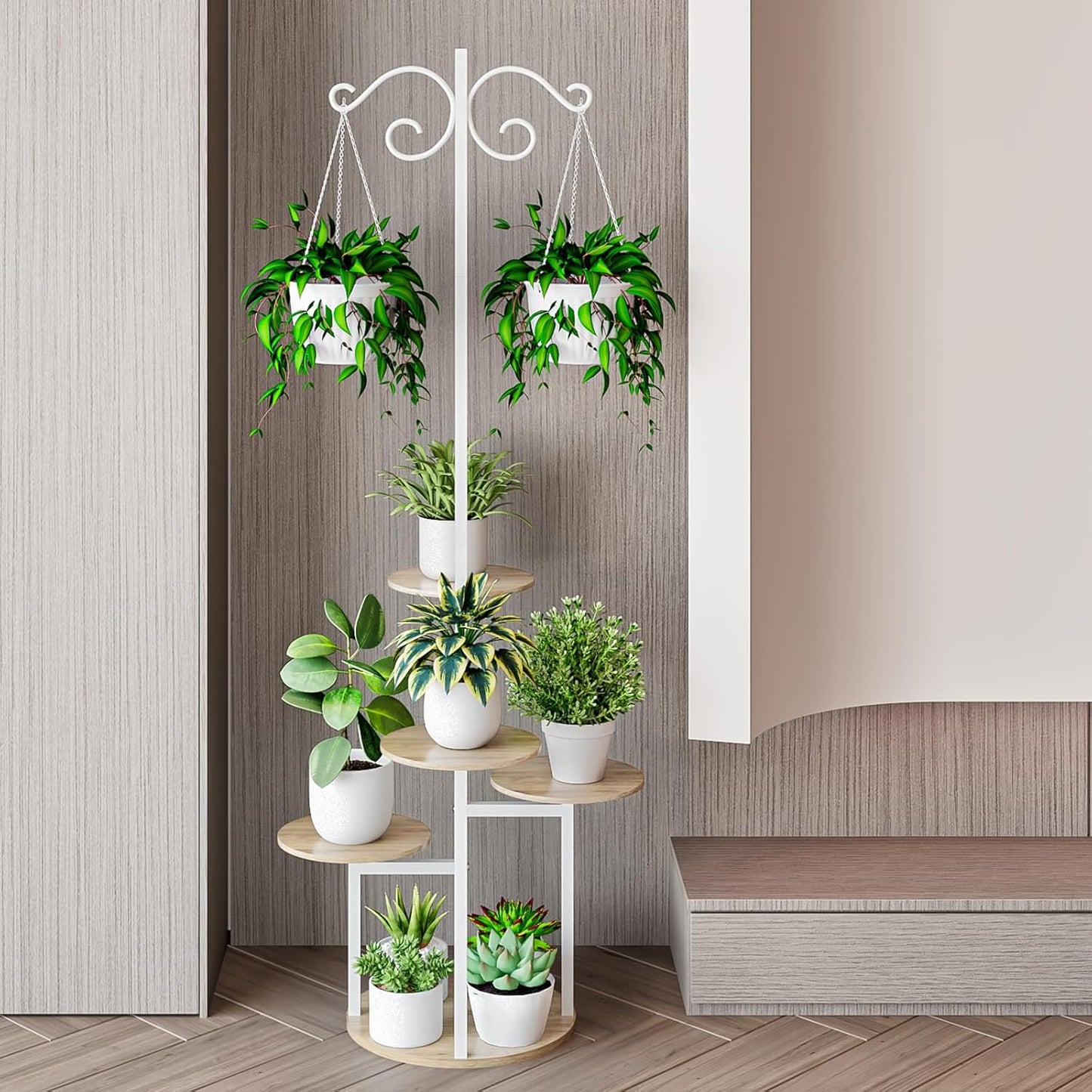 Plant Stand Indoor 5 Tier 8 Potted with hook hanging basket Multiple Flower Pot Holder for Patio Garden Balcony Living Room Corner (5 Tier with hook White+Sonoma Oak)