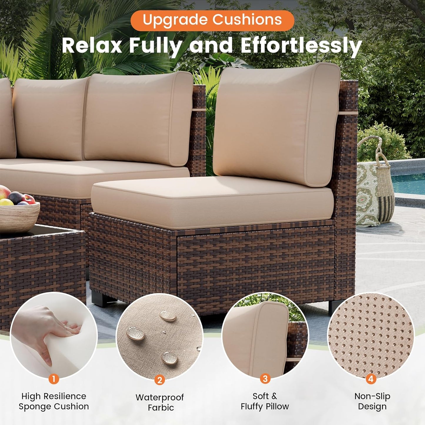 UDPATIO Patio Furniture Set, 8 Inch Armrest Patio Sectional Furniture, 6 Piece Wicker Outdoor Sectional Conversation Sets with Waterproof Cover and Coffee Table for Backyard Deck(Brown/Khaki)