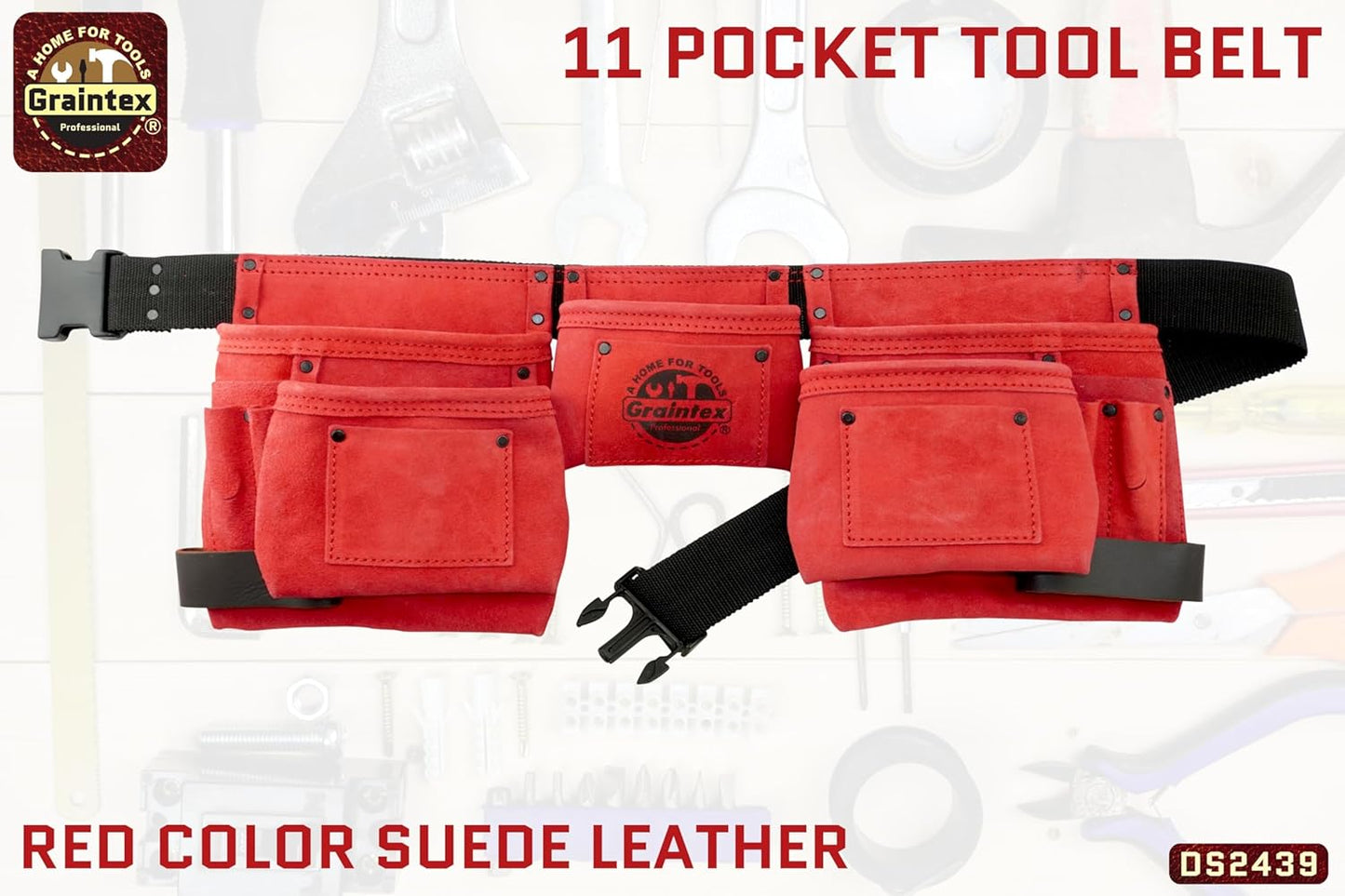 Graintex 11 Pocket Red Color Suede Leather Tool Belt/Tool Bag/Work Apron, 2 Hammer Loops, Adjustable Belt | Construction, Carpenter, Roofing Tools, Drywall, Gardening - DS2439