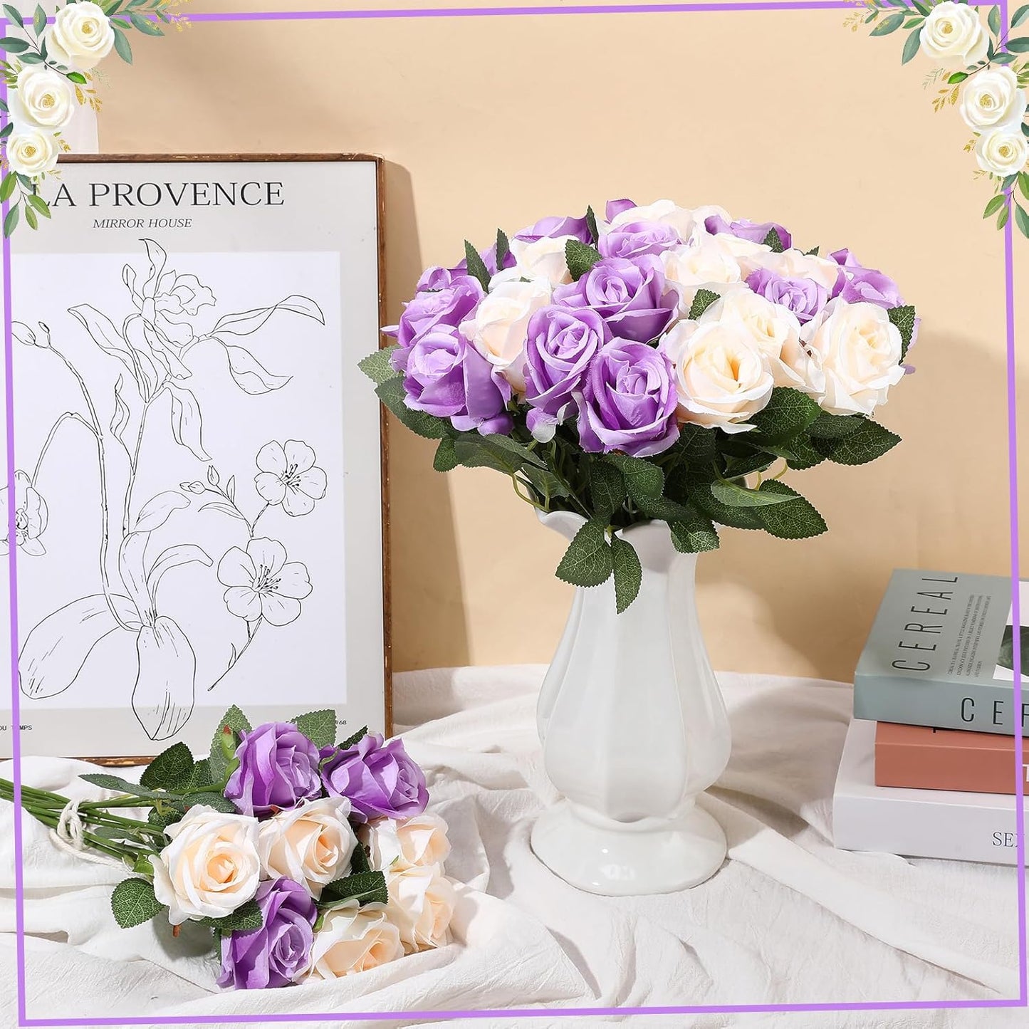 36 Pcs Purple, Champagne Artificial Roses with Long Stems, Purple Fake Silk Rose Artificial Flowers Bulk for Bridal Wedding Bouquet Centerpiece Ball Arrangement Party Decor