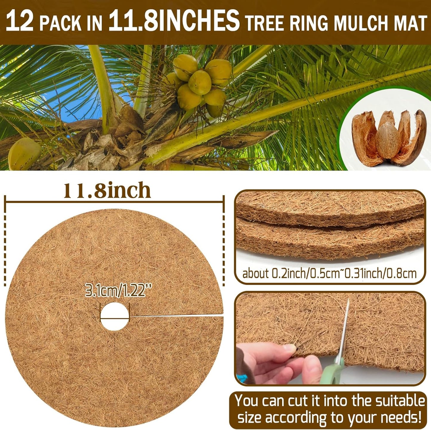 ZeeDix 12 Pack 12 Inch Coconut Fiber Mulch Ring, 100% Natural Coco Coir Tree Ring Mulch Mat Plant Protector Mat, Coconut Coir Discs Plant Pot Soil Cover for Indoor Outdoor Plants, Garden Decoration
