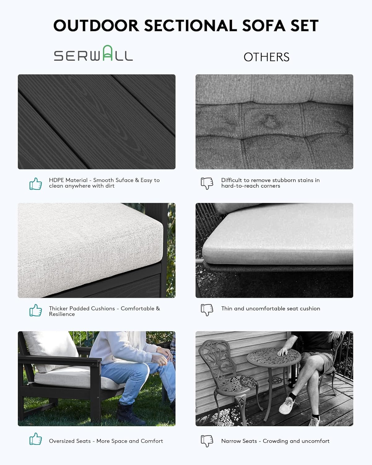 SERWALL HDPE Patio Sofa Set, 3-Piece Sectional Outdoor Furniture Set, All Weather Outdoor Couch Set Patio Furniture Set for Deck, Lawn, Black Frame with Khaki Cushion