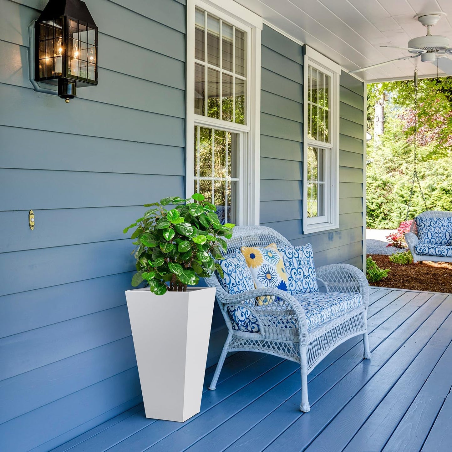 Tall Tapered Planter Taper Metal Modern Flower Plant Pot White Square Galvanized Steel Planter 26 in Indoor Outdoor for Front Porch Garden Patio Grande Plant Tree Commercial Residential Heavy Duty