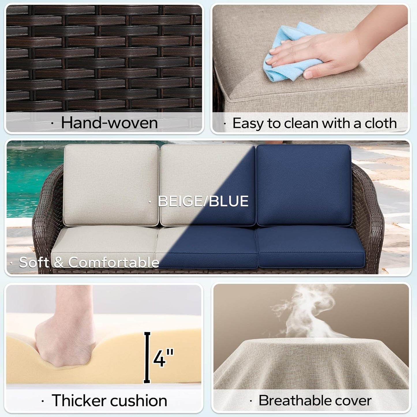 5 Pieces Outdoor Patio Rattan Conversation Furniture Set with Cushions, 78" 3-Seat Wicker Sofa, 55" 2-Seat Couch, 2 Armchairs, Metal Coffee Table for Garden (Beige)