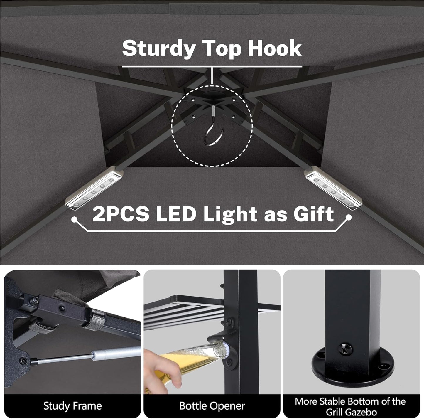 MASTERCANOPY 11 x 5 Grill Gazebo with Extra Side Awning Outdoor BBQ Gazebo with 2 LED Lights for Patio Party Backyard Picnic(Dark Gray)