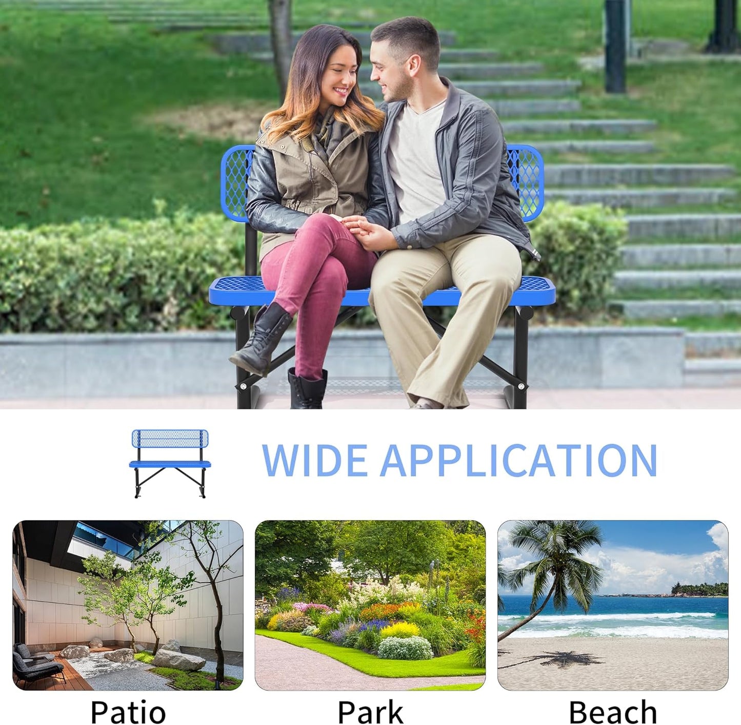 4 Feet Heavy Duty Metal Park Bench for Outside, Outdoor Bench with Backrest & Portable Frame, Commercial Benches for Shopping Malls, Stores, Parks, Patios, Decks, Blue