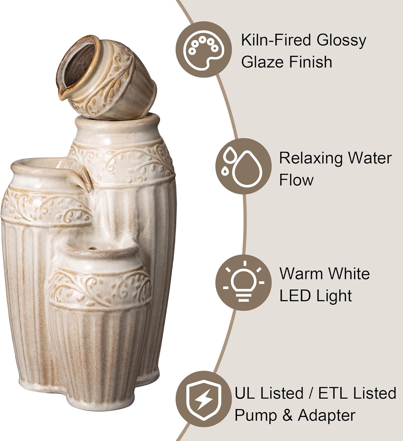 Glitzhome 27.25" H Outdoor Garden Water Fountain with LED Lights and Pump, 4 Tier Sand Beige Embossed Pattern Ceramic Pots Cascading Floor Standing Fountain for Porch Deck Patio Backyard Decoration