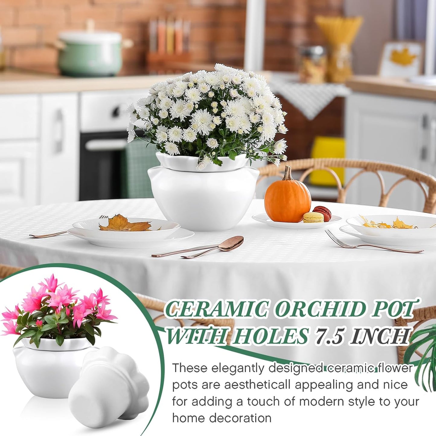 2 Set 7.5 Inches African Violet Pots Self Watering White Ceramic Pot for Indoor Plants, Flowerpot with Highly Absorbent Inner Pot for Busy Plant Lovers, Plant Care