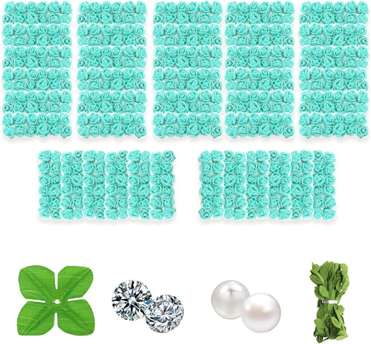 500 Pcs 0.6 Inch Mini Artificial Flowers Head Bulk 5 in 1 Set Faux Foam Fake Small Rose Tiny Baby Flores Bouquet Wreath Gift Hair Clip Home Decoration DIY Craft (Teal Green)