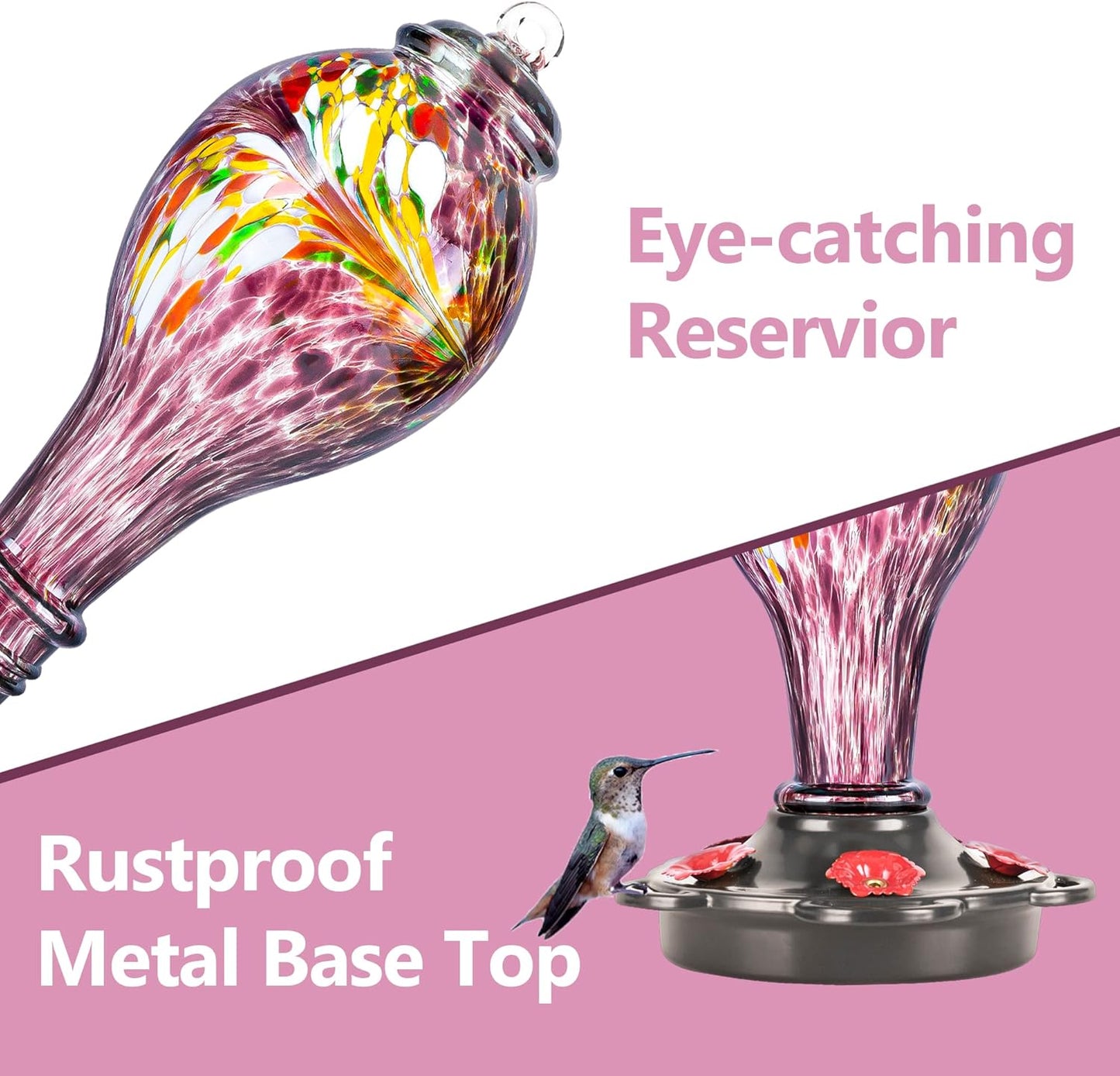 LUJII Hand Blown Glass Hummingbird Feeder for Outdoors Hanging with Ant Guard, 25 fl.oz, Leak Proof & Rustproof, Metal Base with 5 Feeding Ports & 5 Perches, Unique Garden & Backyard Decor (Purple)