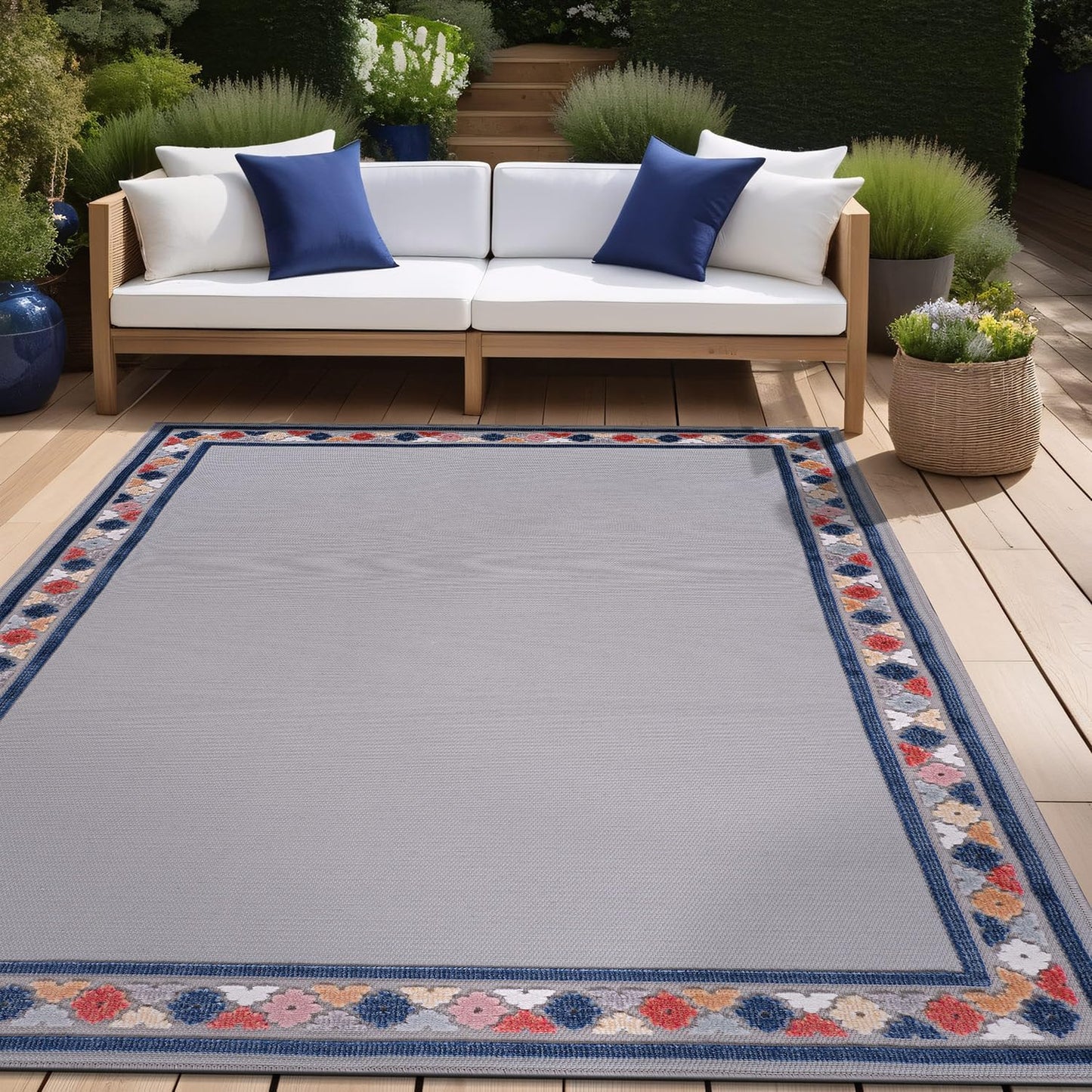 Beverly Rug Outdoor Rug 6x9 Modern Bordered Area Rugs for Indoor and Outdoor Patio Easy to Clean Non Shedding Living Room Porch Garden Washable Outside Carpet (6 x 9 Gray)